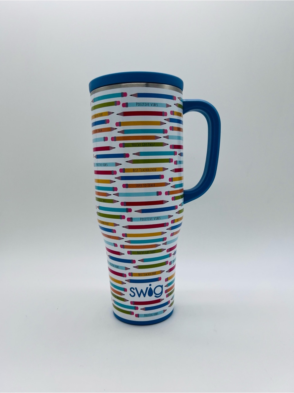 Swig Insulated Travel Mug with Colorful Pencil Design — Blue Handle 45 ounces